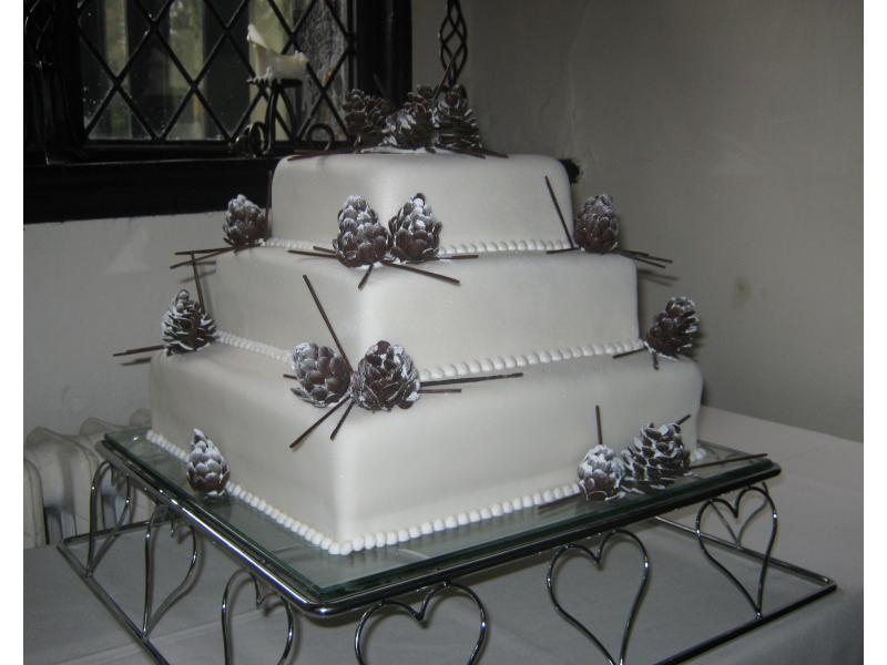 Winter Acorns three tier stacked Wedding Cake for Felicity of Garstang. Mixture of fruit, chocolate and plain sponge. Wedding at Salmesbury Hall