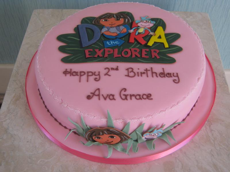 Dora The Explorer themed plain sponge cake with monkeys for Ava Grace's 2nd birthday