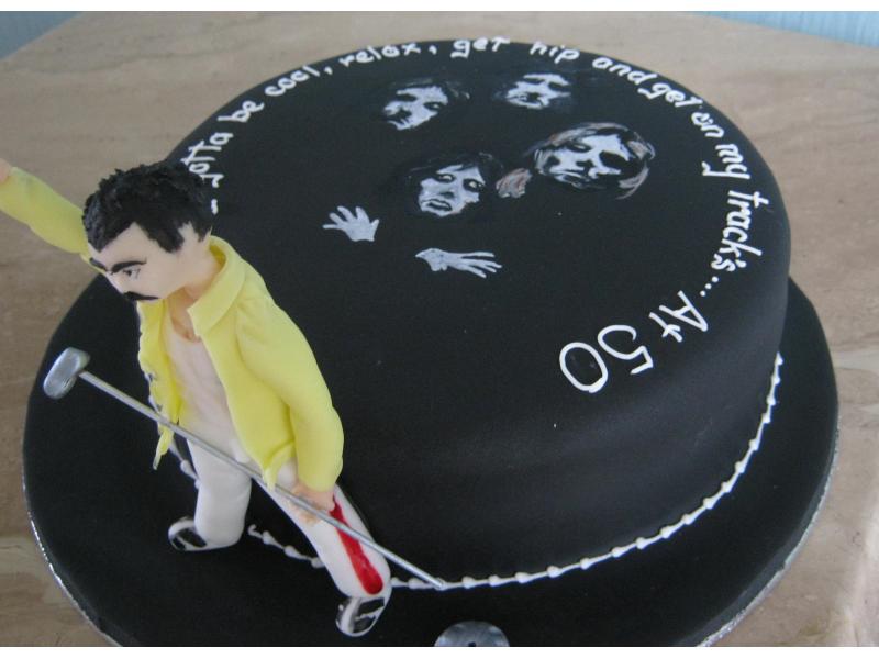 Freddie - Queen themed cake with Freddie Mercury and iconic Bohemian Rhapsody image in plain sponge for Alan in Cleveleys