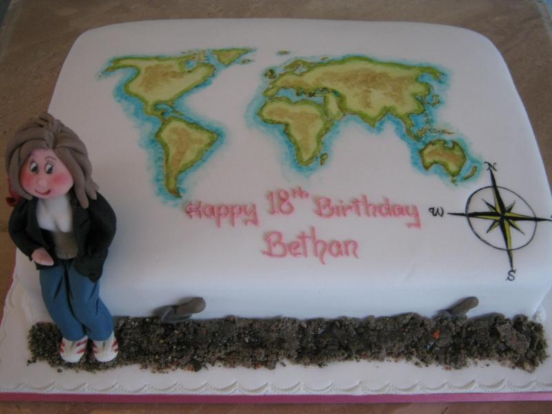 Backpacker cake for geography entusiast Bethan's 18th birthday made from chocolate sponge
