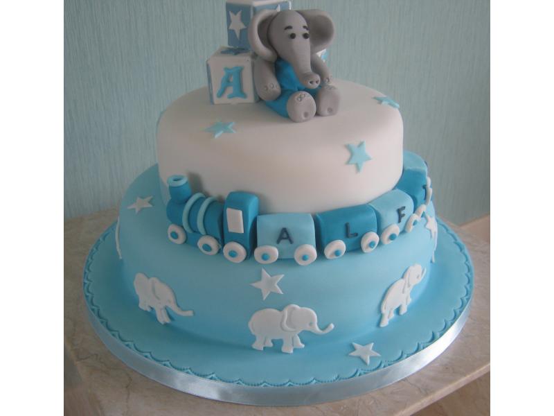 Elephant themed Christening Cake in pastel blue for Alfie in St Annes