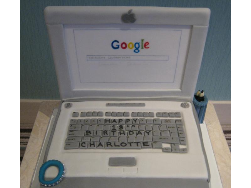 Laptop cake with Google screen in chocolate sponge for Charlotte's 18th in Marton