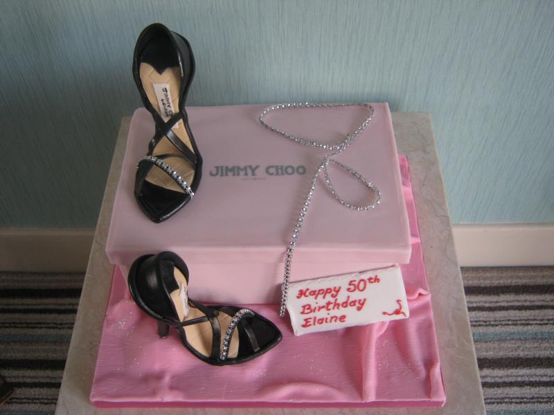 Jimmy Chooshoes and shoebox in plain sponge to celebrate Elaine's 50th birthday in Burscough