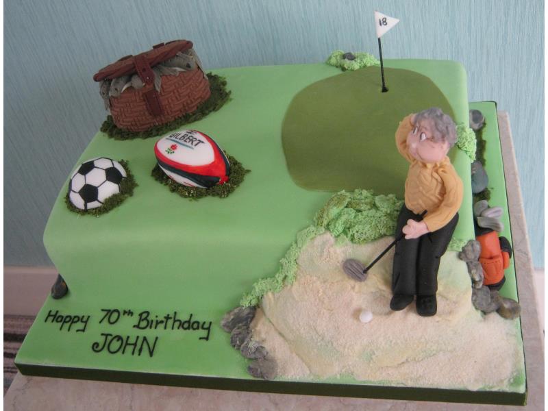 Gardening Gramdma for John's surprise birthday party in Lytham made from Madeira sponge and including golf, rugby, football and fishing