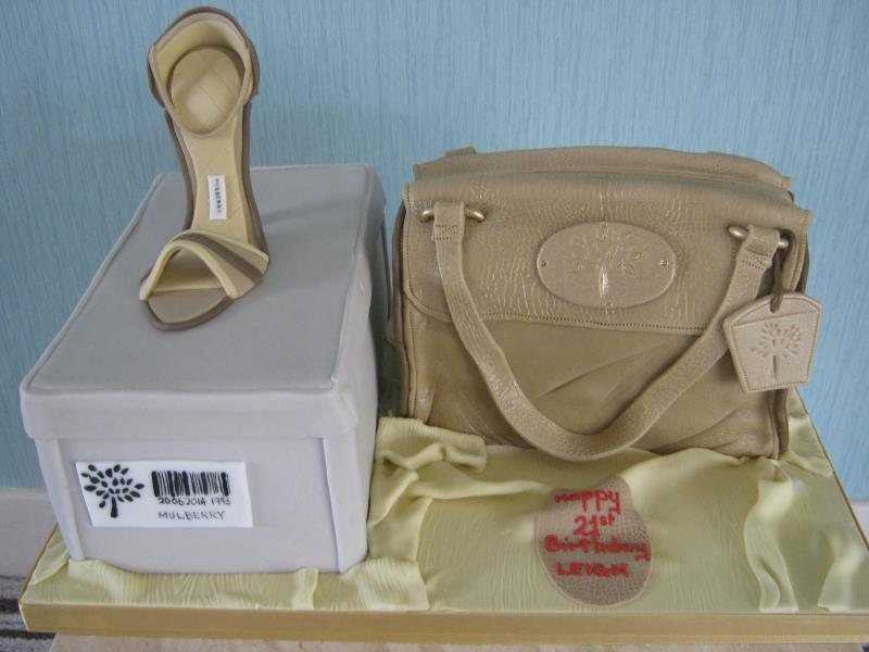 Mulberry shoe, handbag and designer label for Leigh's 21st in Blackpool in chocolate and vanilla sponges