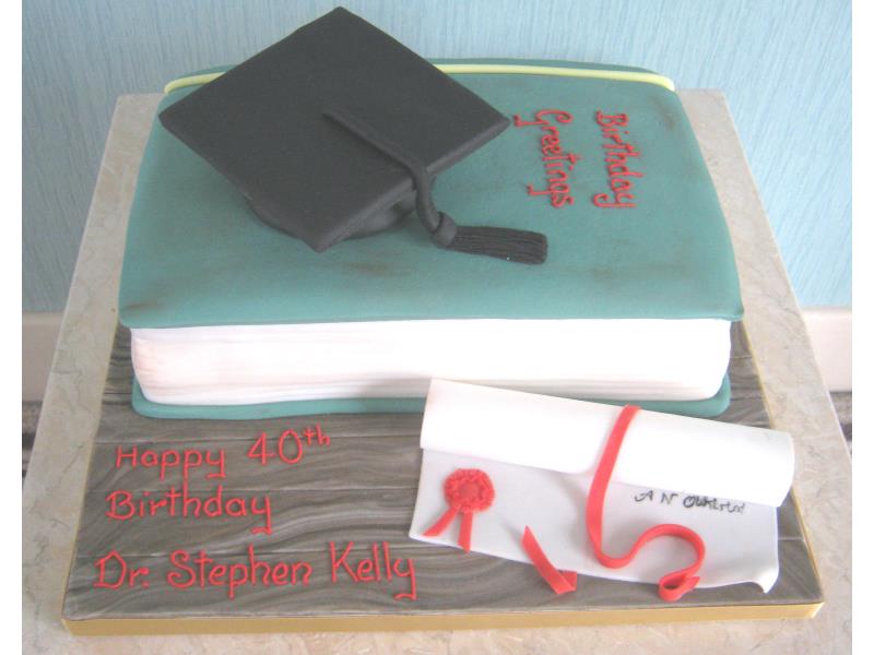 Graduation themed cake with mortar board, book and scroll for Stephen's 40th in St Annes