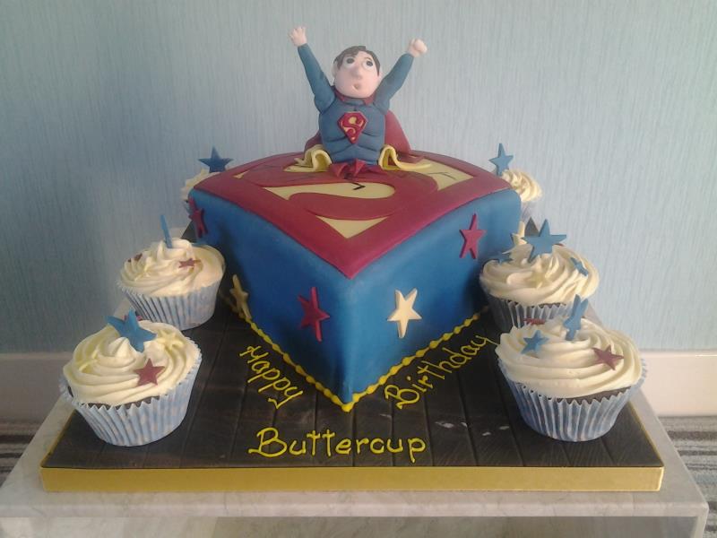 Superman - cake in vanilla ssponge and cupcakes in chocolate sponge for birthday boy in Blackpool