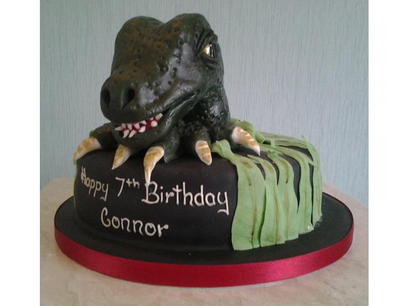 Dinosaur Head for Connor's 7th birthday in Thornton-Cleveleys, made from chocolate sponge