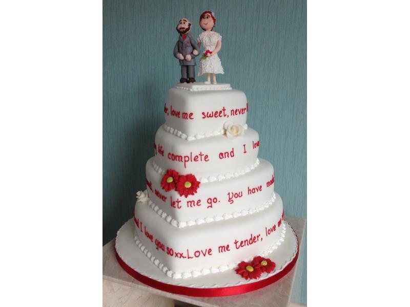 Elvis lyrics around 4 tiers of plain spong and chocolate sponge for Donna's & Jason's wedding at Haighton Manor, Preston