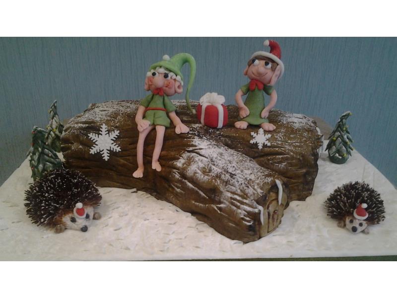 Christmas Log with elves and hedgehogs made from fruit cake for Sue & Brian in Bispham