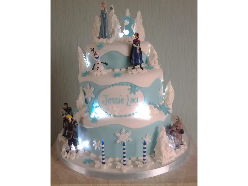 3 Tier Frozen themed birthday cake with lights in chocolate sponge and vanilla sponge for 3rd birthday in Blackpool