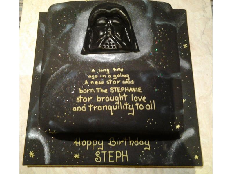 Darth Vader - Star Wars themed cake with Star Wars scrolling crawl in vanilla sponge for Stephanie in Blackpool