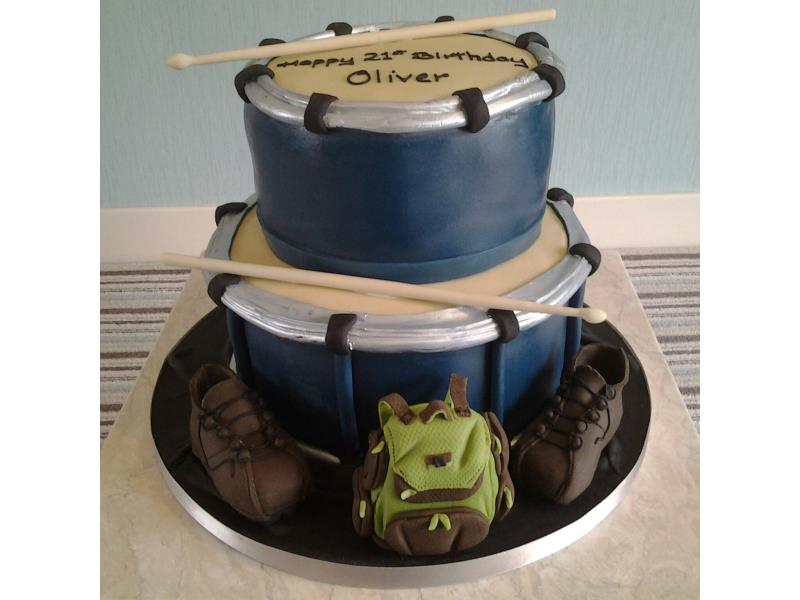 Drums  witth backpack and boots for Oliver's 21st birthday in Thornton, made from Madeira and chocolate sponges