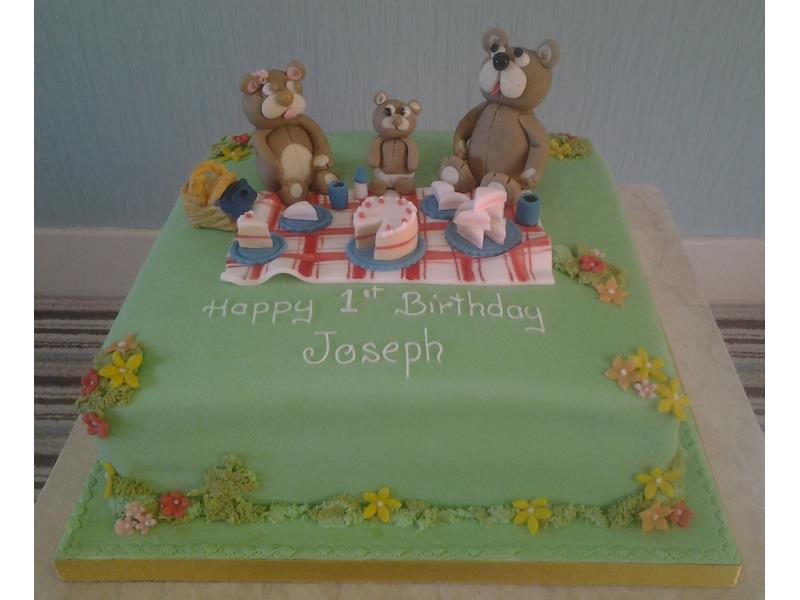 Tedy Bear's Picnic with cake and drinks made in Madeira sponge for 1st birthday in Lytham St Annes