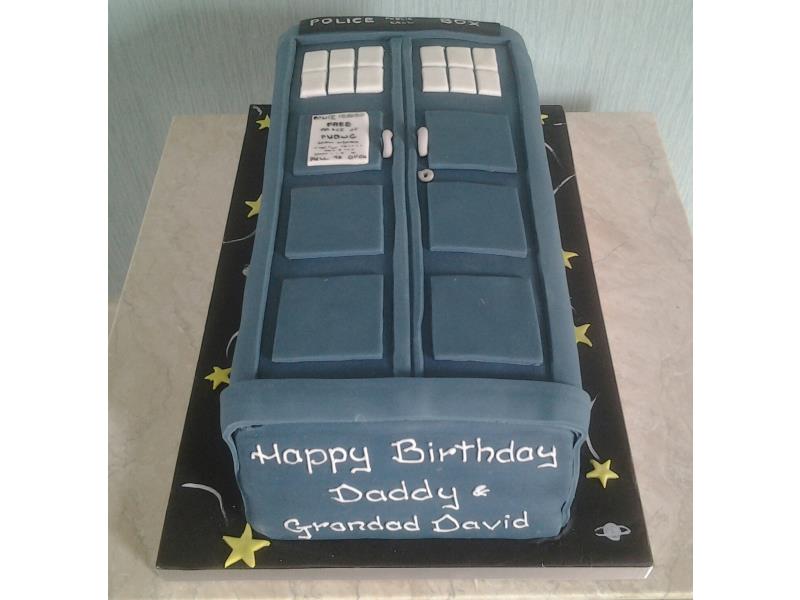 Dr Who's Tardis for David's birthday in St Annes, made in chocolate sponge