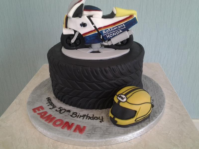 Tyre Cake in plain sponge with helmet and Rothmans Honda motorcycle for Eamonn's 50th in Blackpool