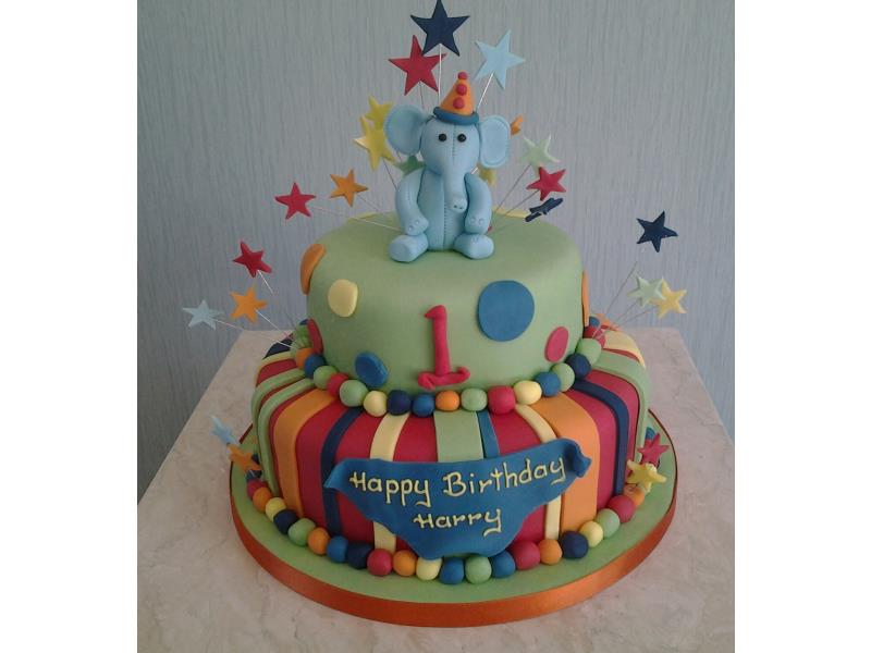 Elephant, balls and stripes with colourful starbursts for harry's birthday in Blackpool, made from vanilla sponge