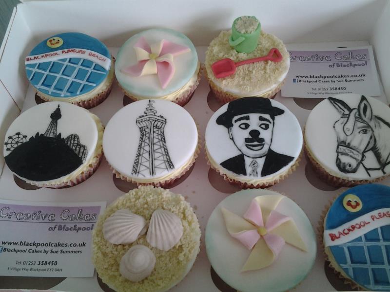 Blackpool-themed cupcakes for Paula in Blackpool featuring Charlie Cairoli, Blackpool Tower,Blackpool Pleasure Beach logo, donkey,bucket & spade.