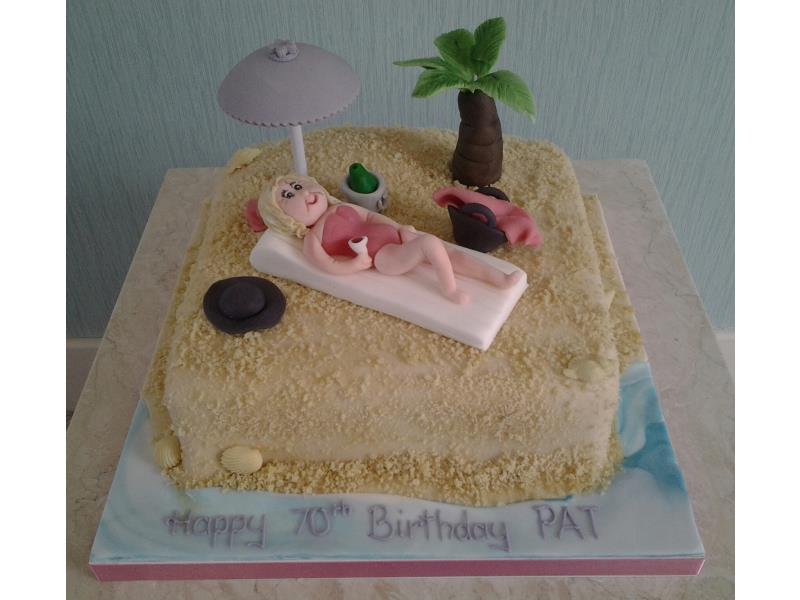 Beach sunbathing - sun lounger, parasol, sand and cocktail  for Pat in Thornton-Cleveleys. Madeira sponge