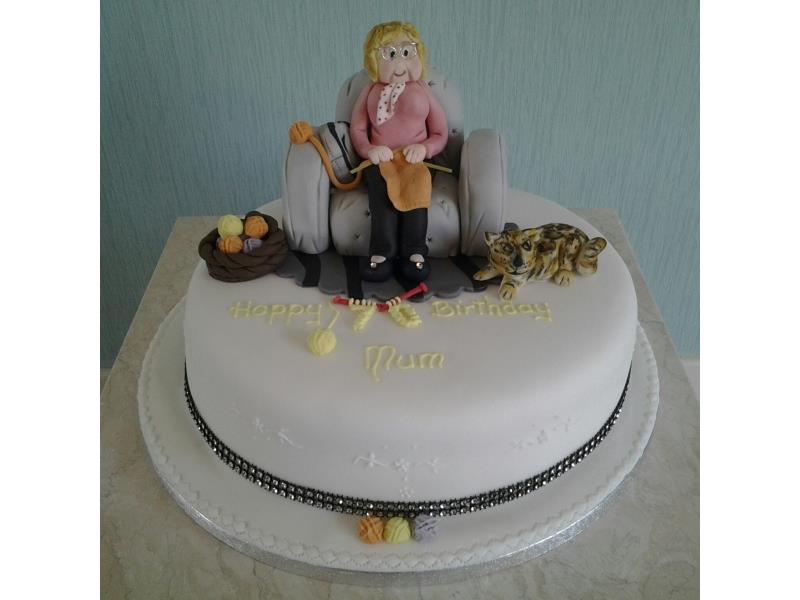 Knitting Grandma - Grandma sat in chair knitting with wool and cat around. Made from chocolate sponge for Lisa in Thornton