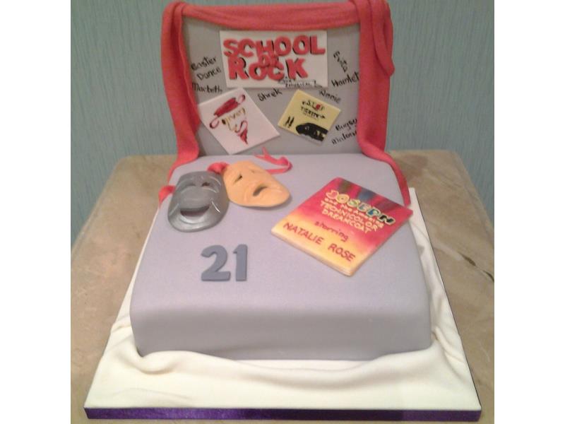 Theatre themed 21st birthday cake for Natalie in Thornton made from chocolate with orange sponge.