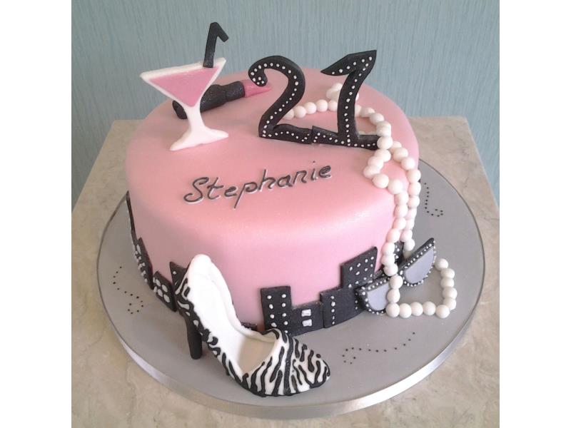 Girlie cake with lipstick, pearls and heels for Stephanie of Blackpool. Cake made from Madeira