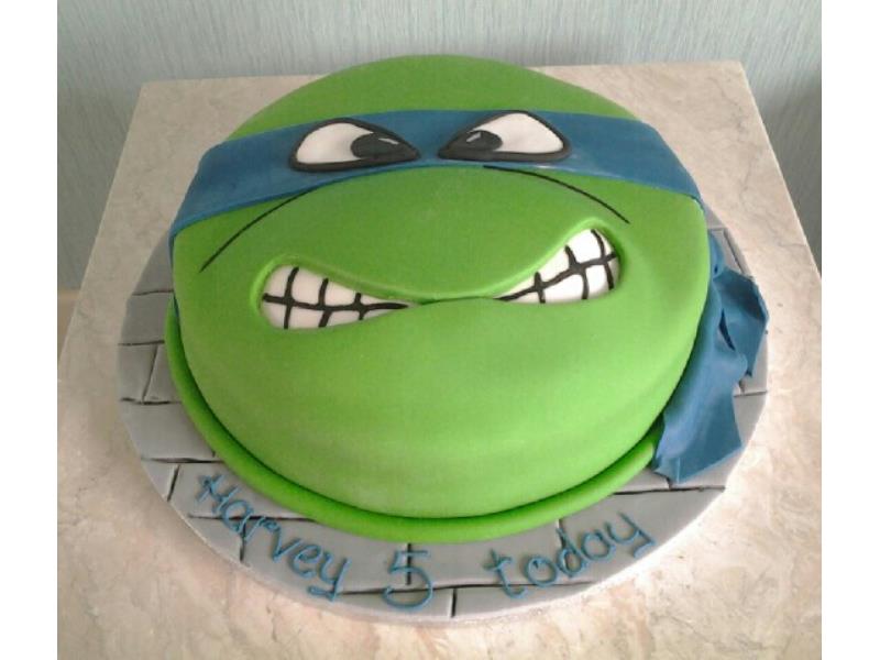 Ninja Turtle head for Harvey's 5th birthday in Blackpool, made in vanilla sponge