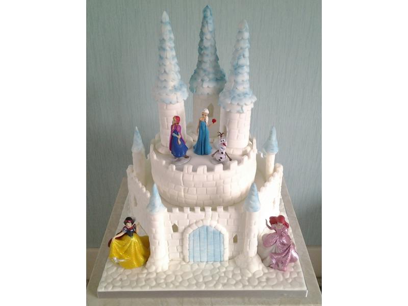 Disney Castle - combining Frozen and Princesses theme in plain and chocolate sponges with lights for Teddy in Blackpool