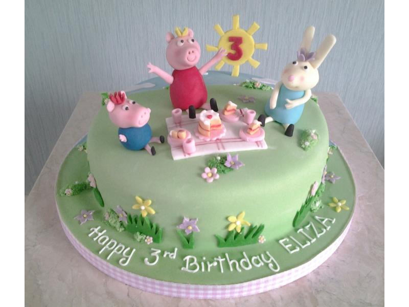 Peppa pig and Friends at a picnic for Eliza's 3rd birrthday in Edinburgh. Made from chocolate sponge