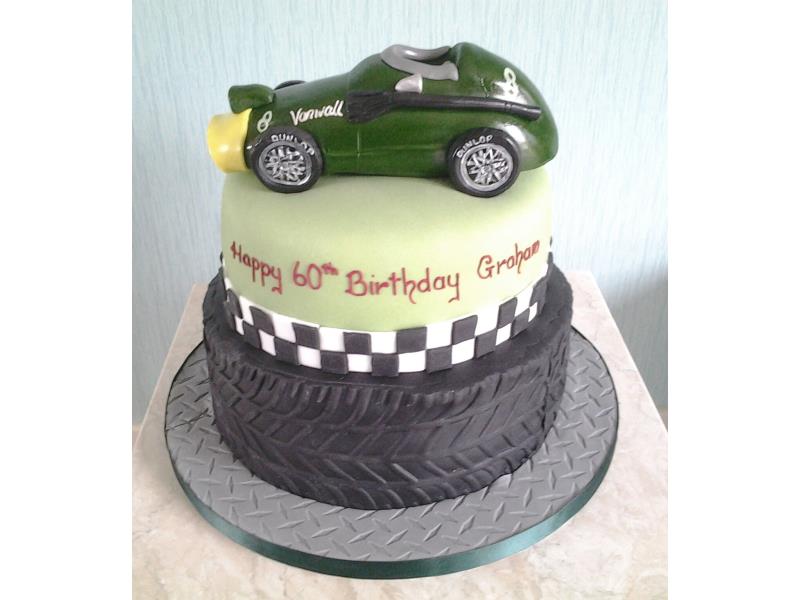 Vanwall - racing car on top of tyre cake for vontage car enthusiast Graham in Blackpool. Made in vanilla and chocolate sponges