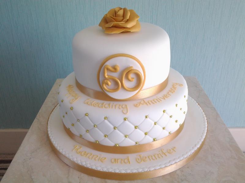 Quilted effect Golden Wedding Anniversary cake for Jennifer & Ronnie in Preston, made from vanilla sponge.