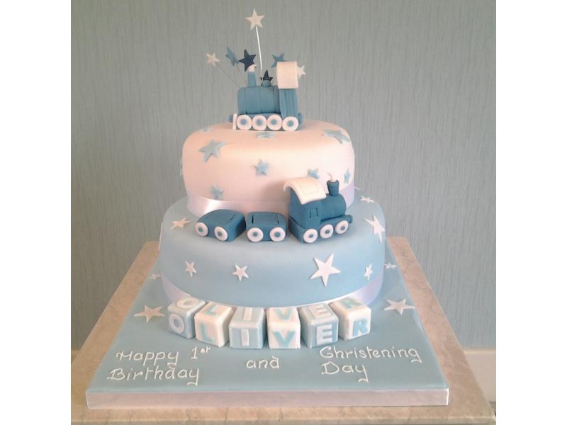 Blue Train for Oliver's 1st birthday and Christening. Made from vanilla sponges