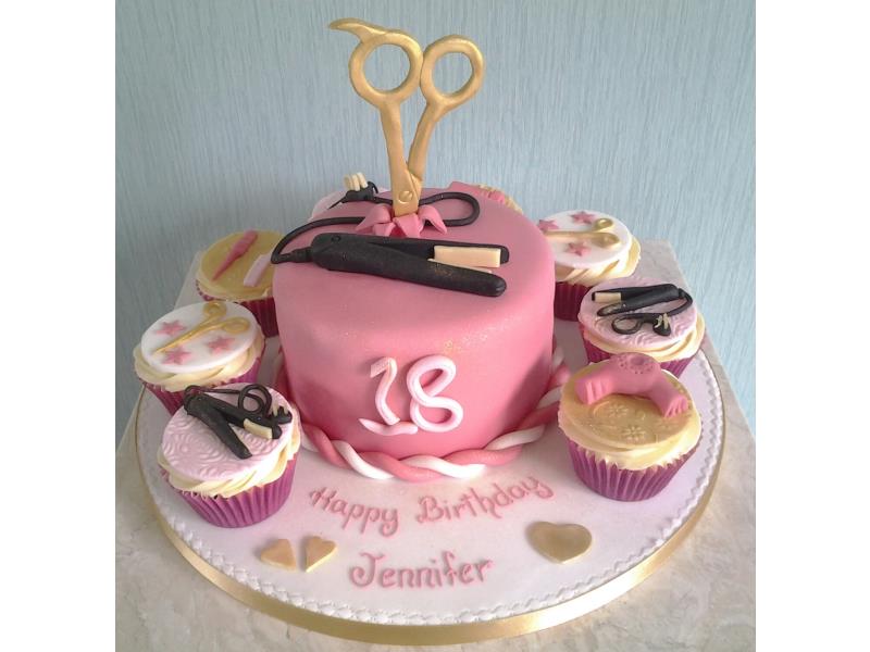Hairdressing themed cake with scissors and straighteners, surrounded by similar cupcakes, to celebrate Jennifer's 18th in Blackpool. All in chocolate