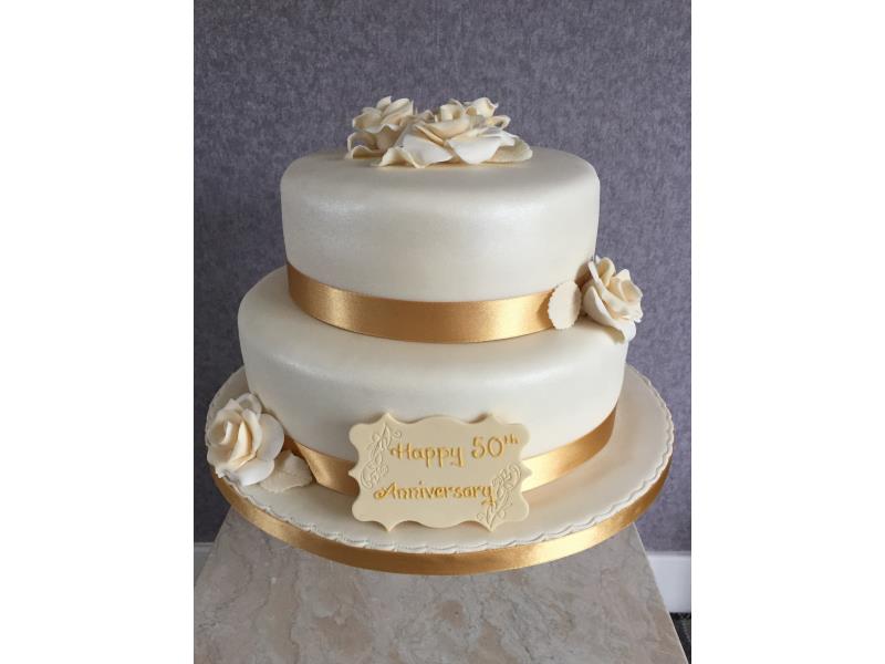 Golden 50 - two tier 50th wedding anniversary cake in vanilla sponge for a special anniversary in Lytham St Annes