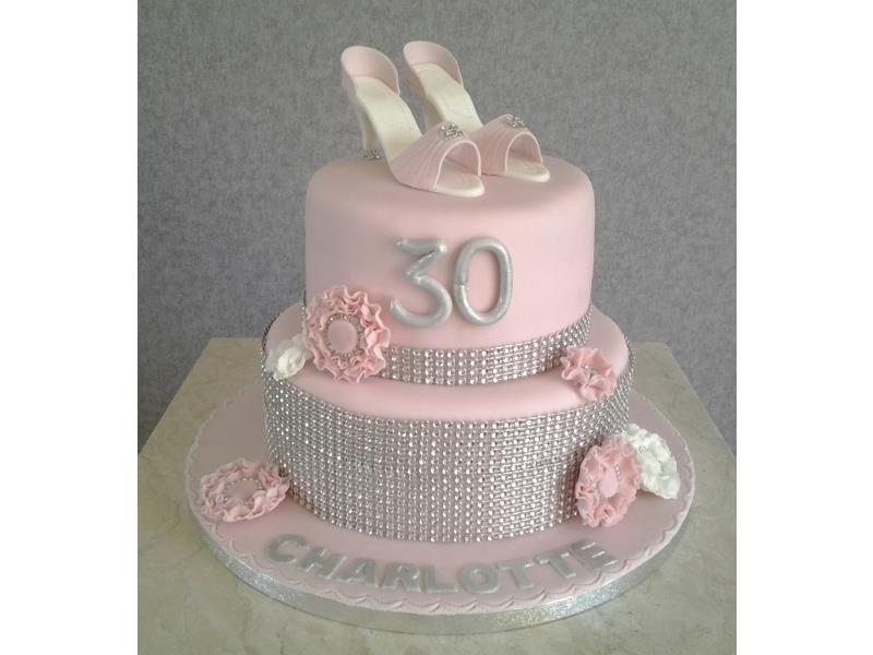 Charlotte  - 2 tier birthday cake with diamantes and shoes in vanilla sponge. Birthday in Thornton