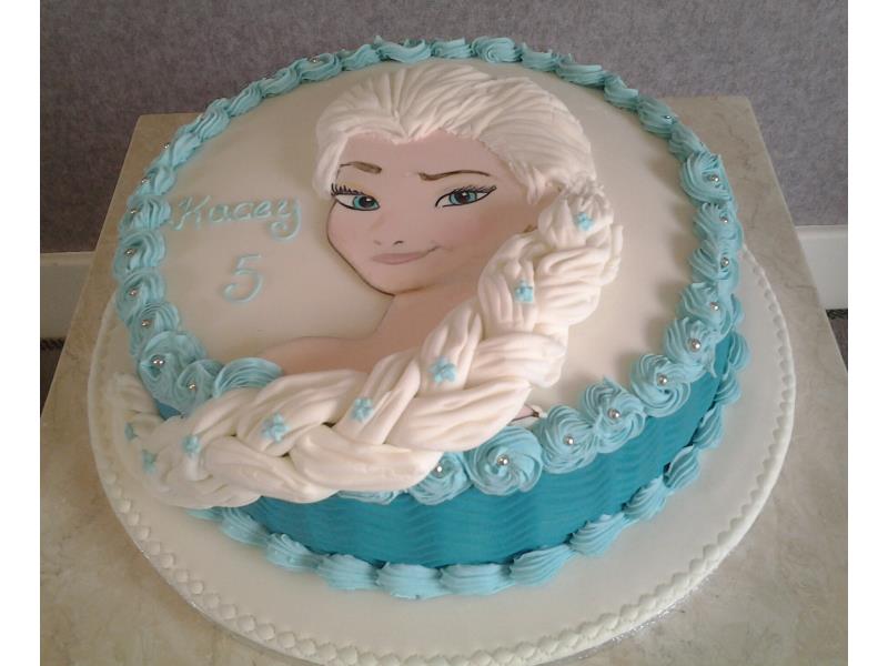 Elsa head and shoulders portrait hand painted on a chocolate sponge cake for Kacey in Blackpool