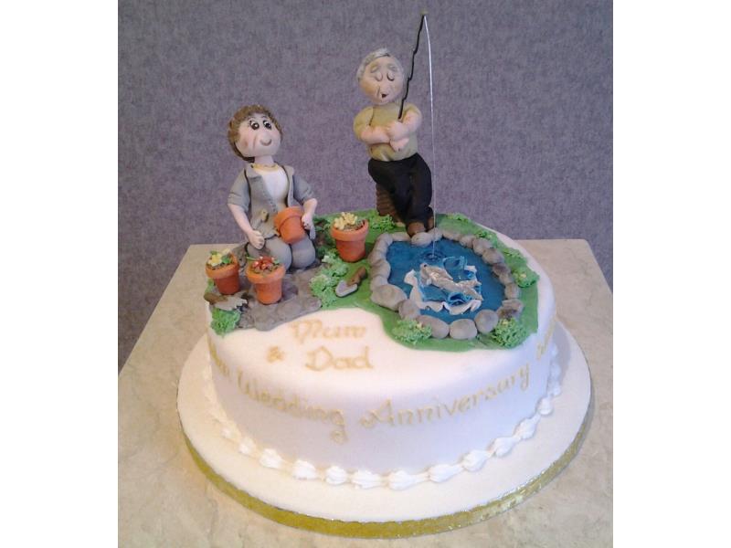 Fishing and gardening wedding anniversary cake in chocolate sponge for couple in Preston