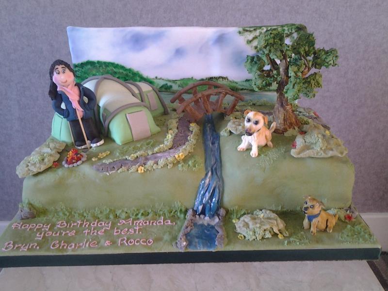 Camping in the country - birthday cake in vanilla and chocolate sponges for Amanda in Blackpool