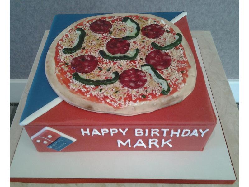 Domino Pizza and box, decorated with sugarpaste pepperoni, tomatoes, peppers and cheese. Cake made from vanilla sponge for Mark in Marton
