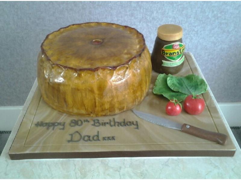 Pork Pie - with Branston pickle, salad, knife and chopping board - all hand modelled from sugarpaste. For Jane in Edinburg..Made from fruit cake