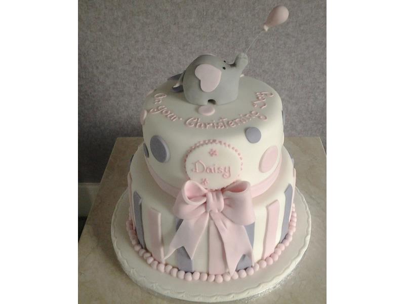 Daisy - 2 tier of cholcolate and vanilla sponges with hand modelled elephant for Daisy's Christeneing in Thornton