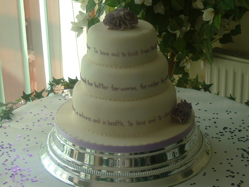 Rebecca - 3 tier cake with wedding vows iced on for Rebecca, Freckleton