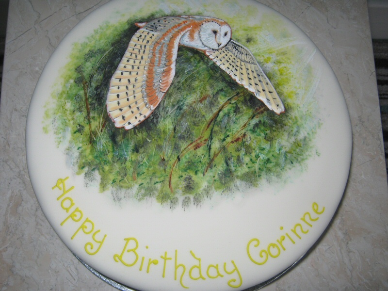Barn Owl - Birthday cake with hand painted Barn Owl in flight for Corinne of Lytham.