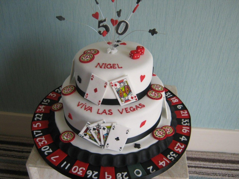 Viva Las Vegas - Casino cake featuring gambling decoration including cards, chips, dice and roulette for Nigel from Edinburgh.