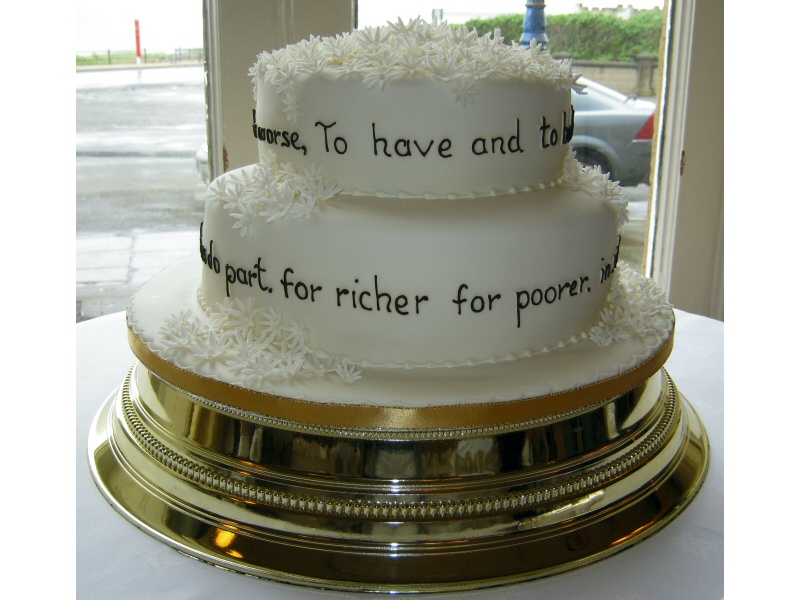 Wedding Vows - 2 tier sponge cake adorned with vows for Sian & Brian for their wedding at North Euston Hotel, Fleetwood.